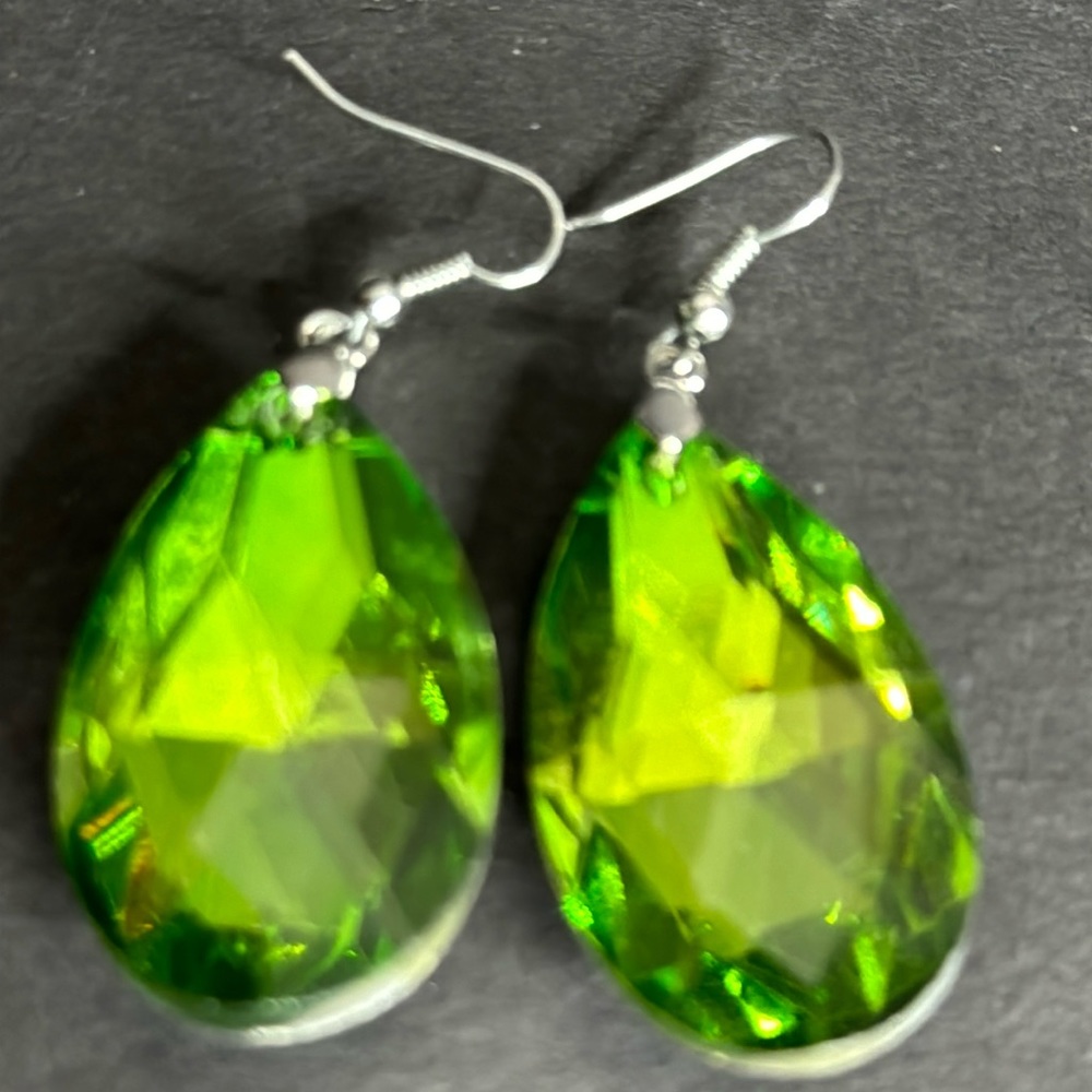 SOLDGreen Faceted Glass Teardrop Earrings - Picture 4 of 15
